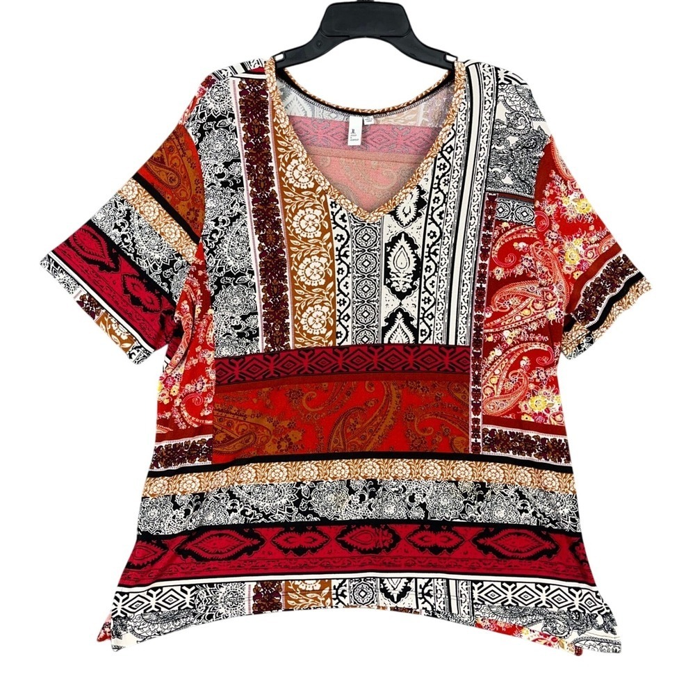 Jules & Leopold Patchwork Paisley Print V Neck Short Sleeve Knit Top XL Womens - Picture 1 of 8